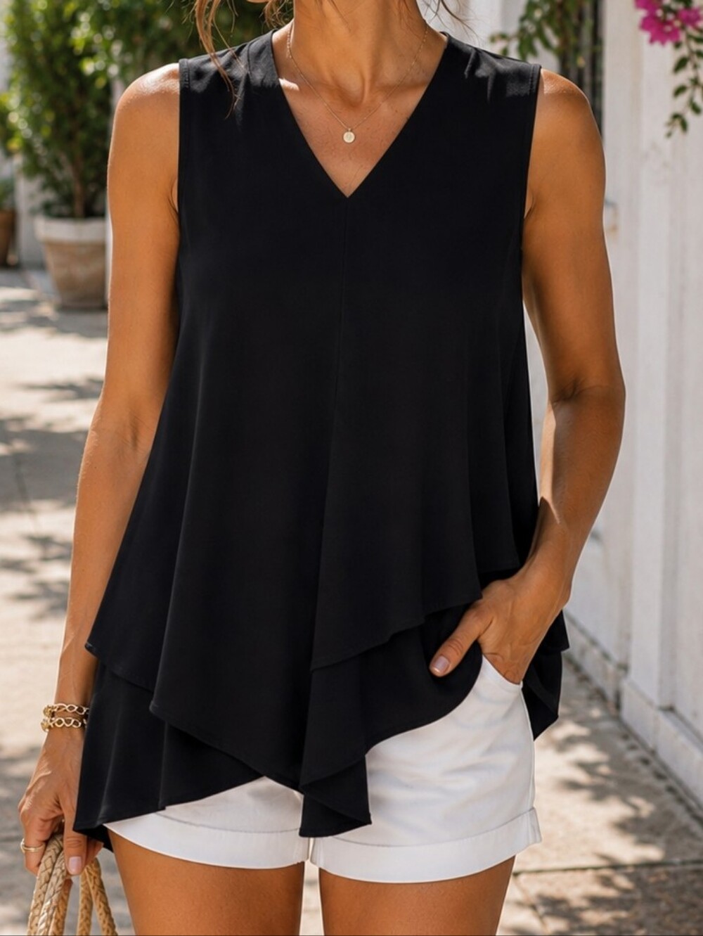 Joseph Ribkoff Black Sleeveless Draped V-Neck Asymmetrical Tunic Top Stretch